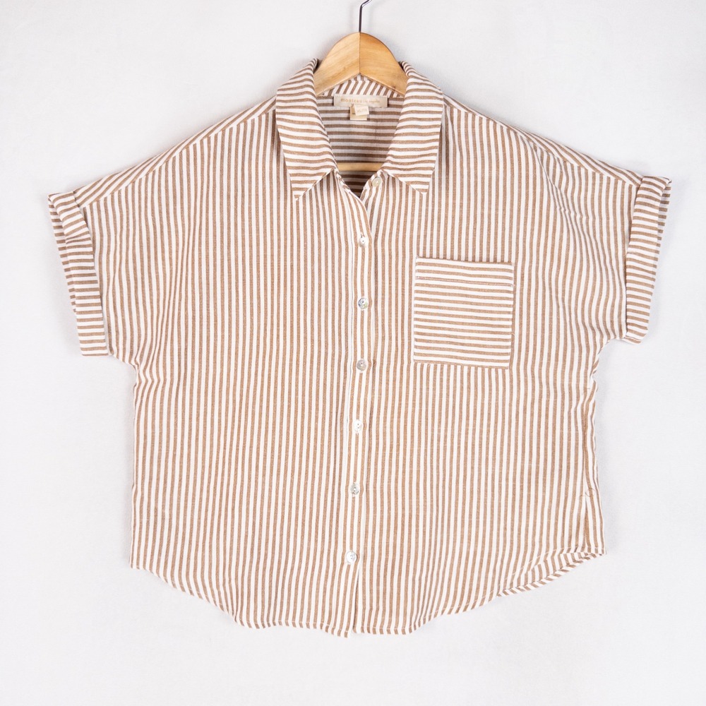 Monteau Shirt Womens XL Brown White Striped Short Sleeve Button Up Boxy Casual